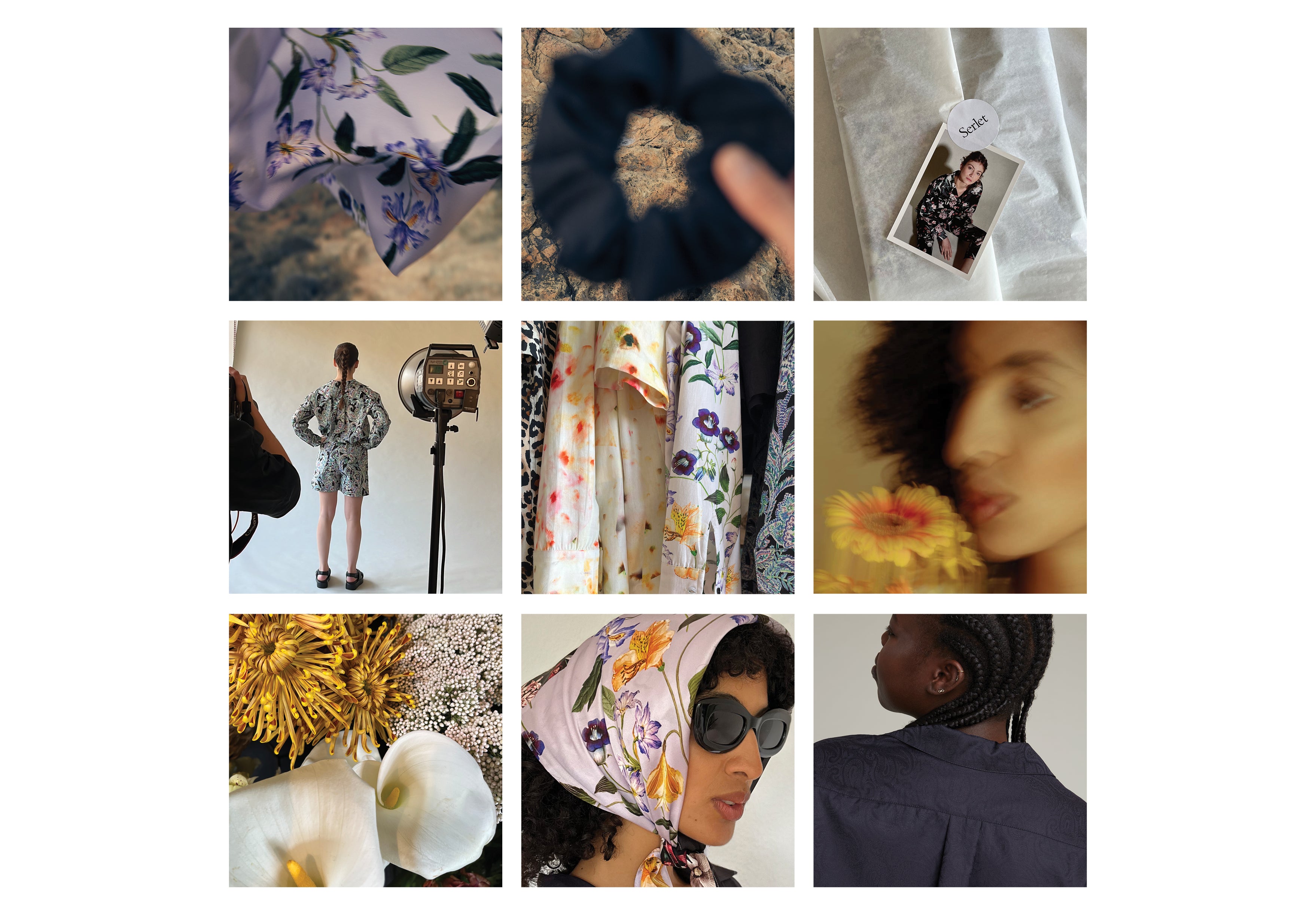 A collage of nine images showcasing fashion items and photography. The images feature floral fabrics, a black scrunchie, a person modeling a paisley outfit under studio lights, a printed floral scarf with sunglasses, a person with a flower, and close-ups of flowers and textiles.