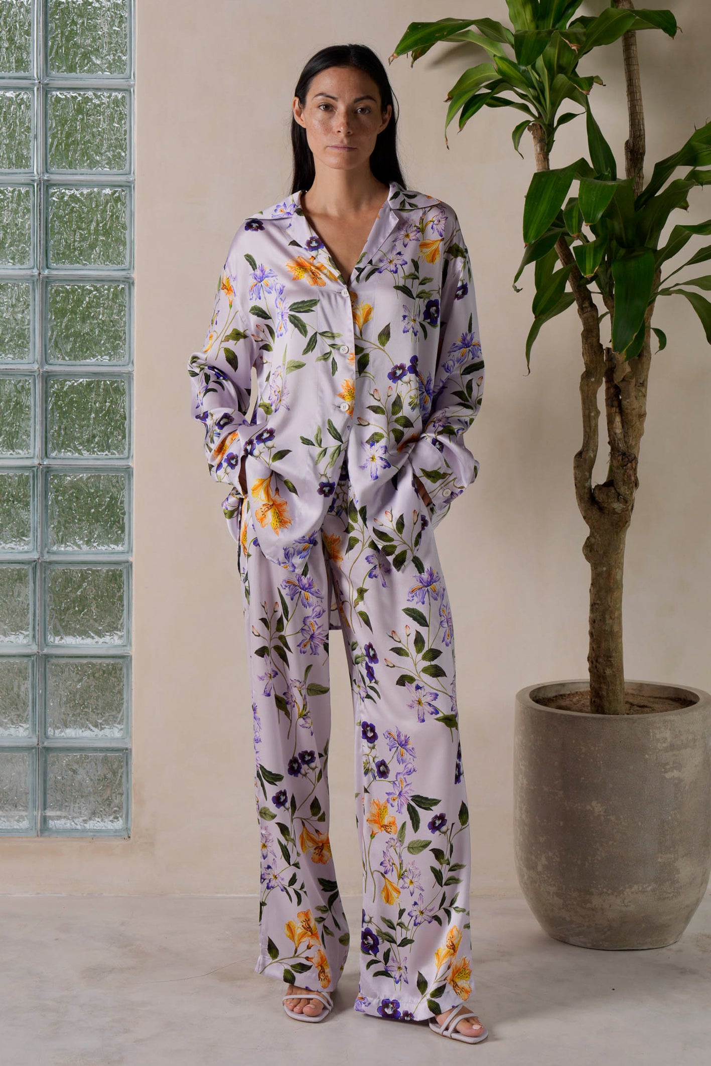 Lilac Meadow Flower Printed Loungewear Set In Silk Satin