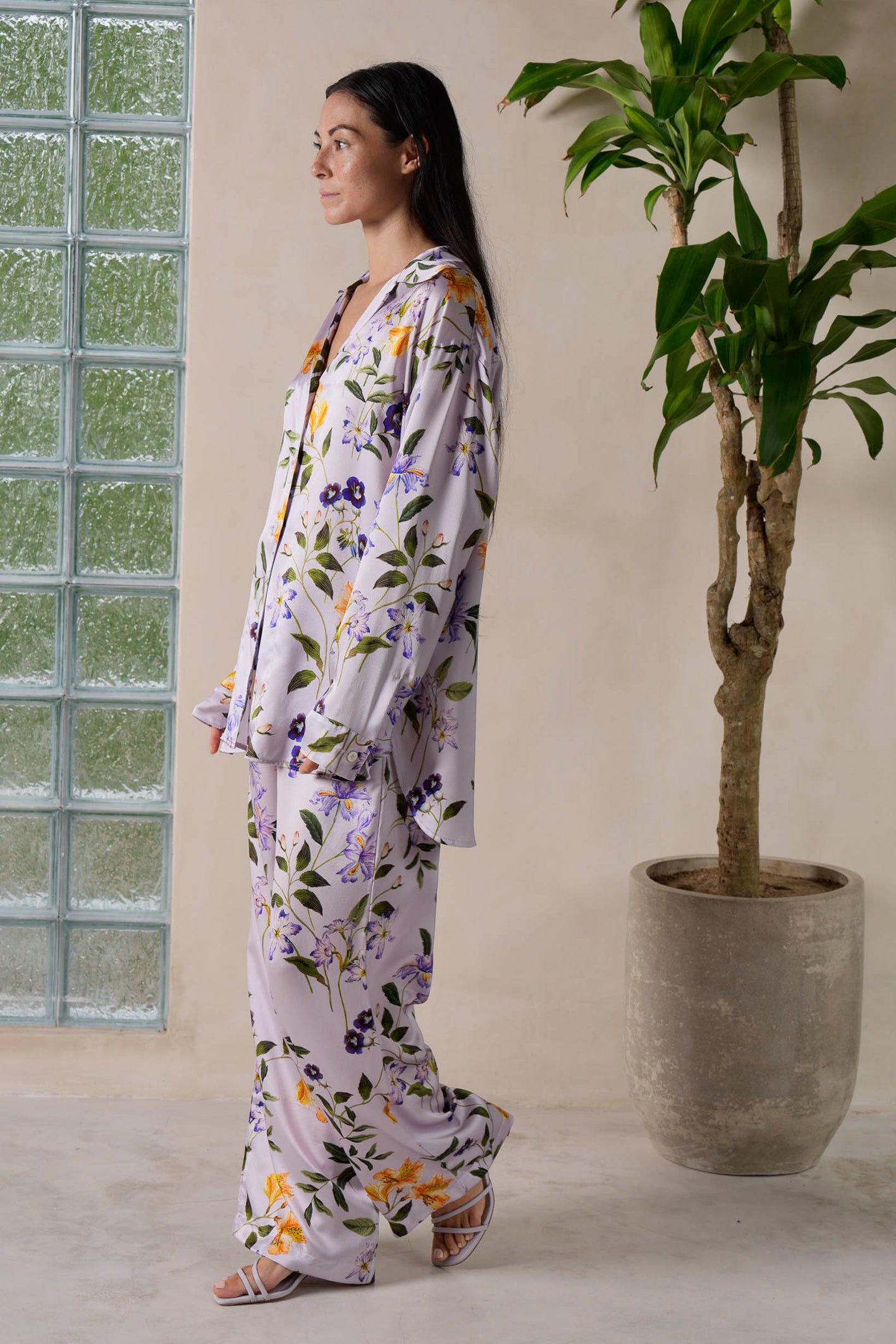 Lilac Meadow Flower Printed Loungewear Set In Silk Satin