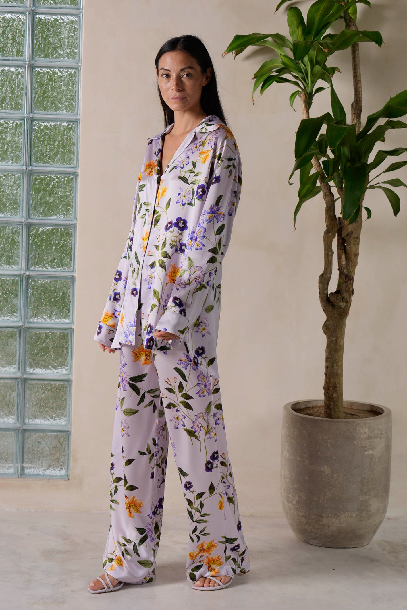 Lilac Meadow Flower Printed Loungewear Set In Silk Satin