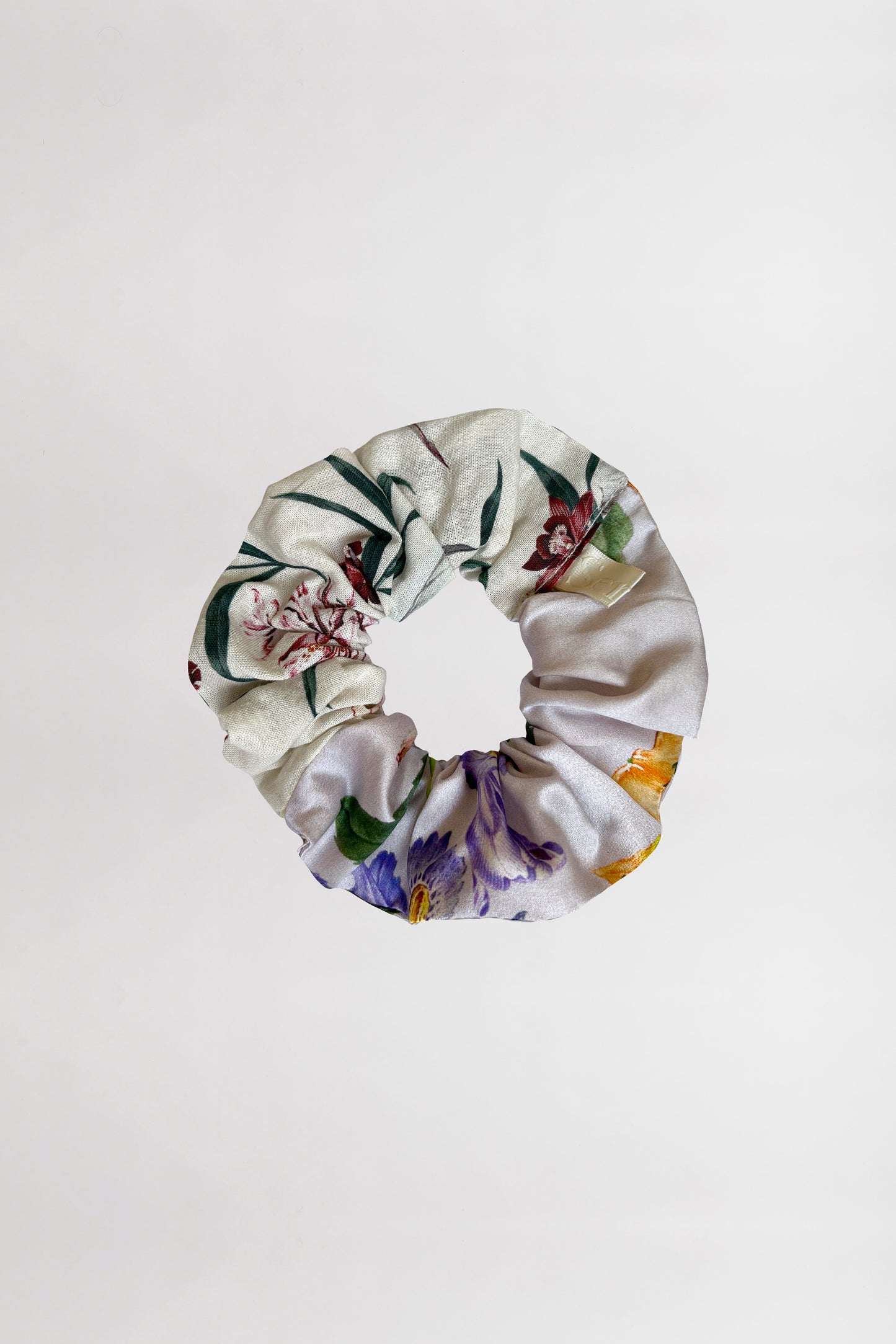 Floral patterned scrunchie on a white background